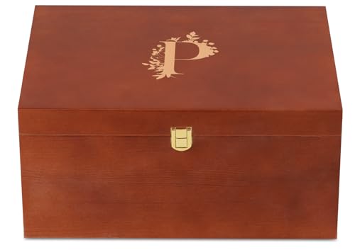 InnoBeta Personalized Keepsake Box, Wooden Storage Boxes, Large Keepsake Boxes with Lid for Memory Treasure, Initial P - color: Initial P