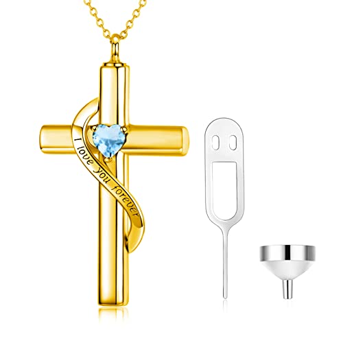 SOULMEET Personalize Solid 10k 14k 18k Real Gold Birthstone Cross Locket for Ashes, Simulated Gemstone Cross Urn Necklaces with Gold Chain Keepsake Cremation Jewelry - style: L-Custom Gold December