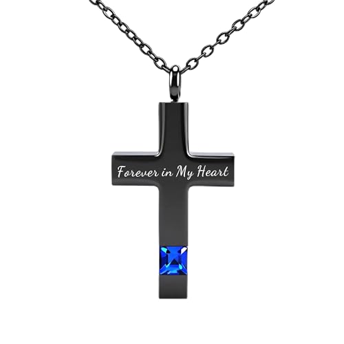 Cross Urn Necklace for Ashes Birthstone Cremation Jewelry Keepsake Pendant for Women Men with Funnel Filler Kit Memorial Gifts for Human Pet Forever in my heart - color: Black Blue