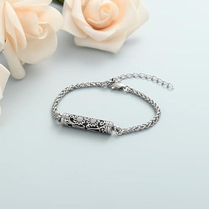 shajwo Cremation Jewelry Sunflower Cylinder Urn Bracelet for Ashes | Adjustable Memorial Keepsake Link Bracelet for Women - color: Silver