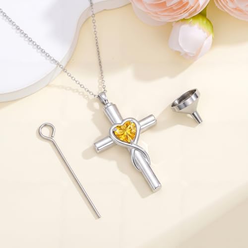 YYB Urn Necklace for Ashes Women Heart Birthstone Cross Cremation Jewelry | Memorial Keepsake Funeral Jewelry for Loved Ones (with Funnel Filler) - color: 11-Nov-Citrine