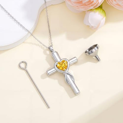 YYB Urn Necklace for Ashes Women Heart Birthstone Cross Cremation Jewelry | Memorial Keepsake Funeral Jewelry for Loved Ones (with Funnel Filler) - color: 11-Nov-Citrine