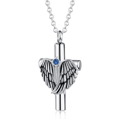 Angel Wing Cross Urn Necklace for Ashes Birthstone Stainless Steel Cremation Jewelry Women Men - color: Sep