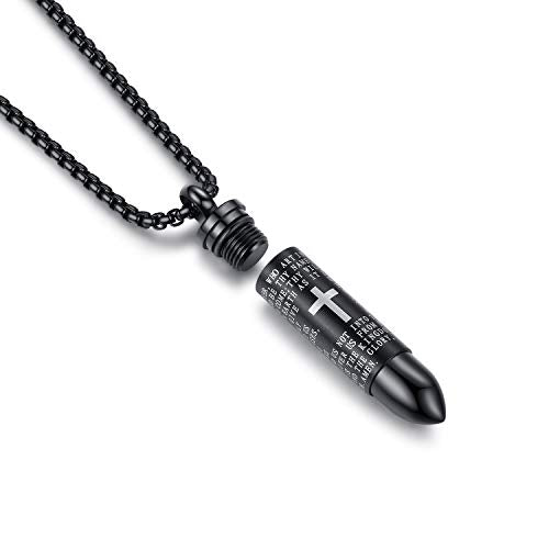 Mens Urn Necklace For Ashes Bullet Shape Cross Cremation Urn Jewelry - color: Black Chain