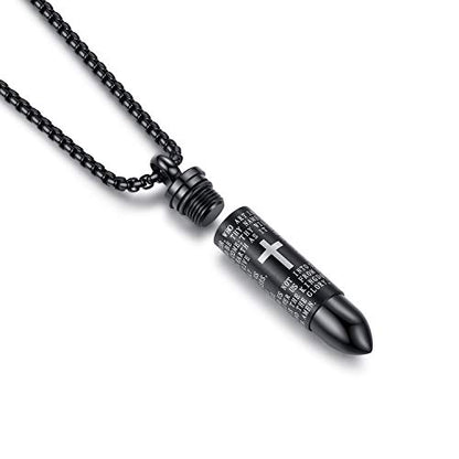 Mens Urn Necklace For Ashes Bullet Shape Cross Cremation Urn Jewelry - color: Black Chain