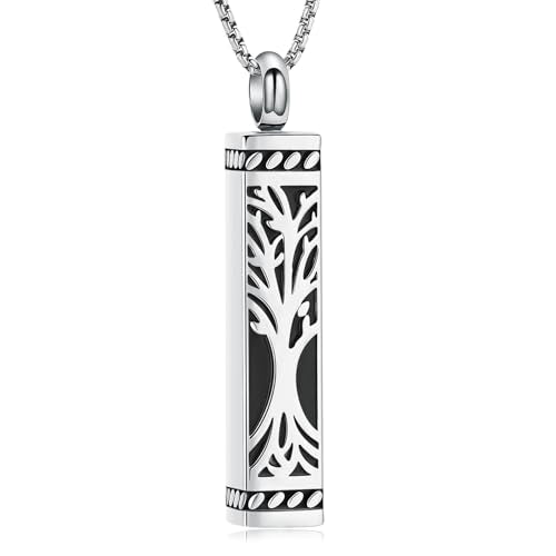 Tree of Life Urn Necklace, Stainless Steel Memorial Ashes Pendant | Tree of Life Cremation Jewelry Stainless Steel Locket Vertical Bar Keepsake Necklace Jewelry for Women Men Human Ashes - color: Silver