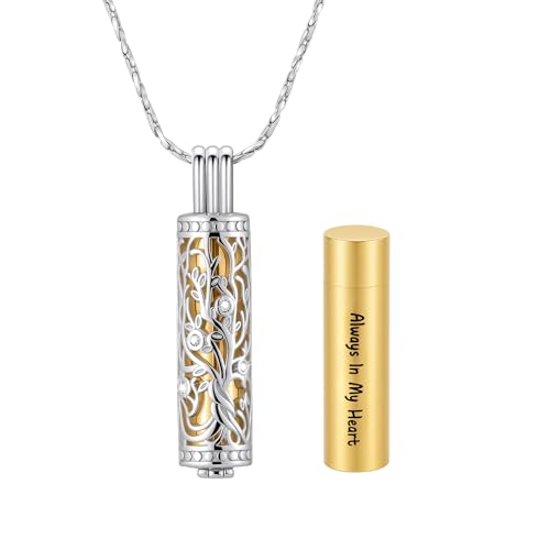 Cylinder Urn Necklace Crystal Tree of Life Cremation Jewelry Pendant for Women Men Vial Cremation Ash Pendant Loved One Memorial Jewelry with Mini Keepsake Urn Ash - Always In My Heart - color: Silver-Gold-Always In My Heart