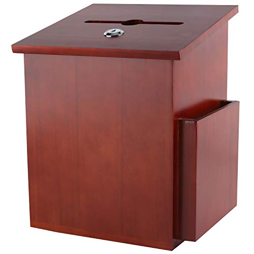 Wood Charity Donation collection Box Office suggestion Ballot Box With wide slot for envelopes and suggestion comment forms, side Pocket and Locking Hinged Lid & Pen for Table Or Counter-top(Mahogany) - color: Dark Mahogany