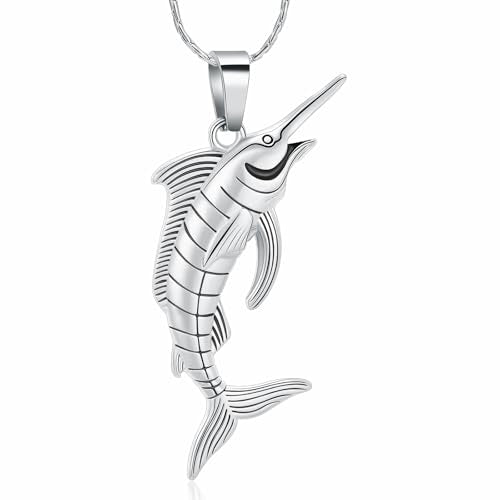 Fish Cremation Jewelry Swordfish Pendant Urn Necklace for Women Men | stainless steel pendant, waterproof sealed ring & lobster clasp keep ashes secure, with a filling tool, funeral keepsake gift - color: Silver