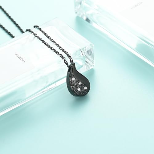 Tree of Life Teardrop Urn Necklace for Ashes Teardrop Crystal Cremation Jewelry Celtic knot Ashes Pendant Stainless Steel Keepsake Memorial Jewelry for Women Men - color: Black