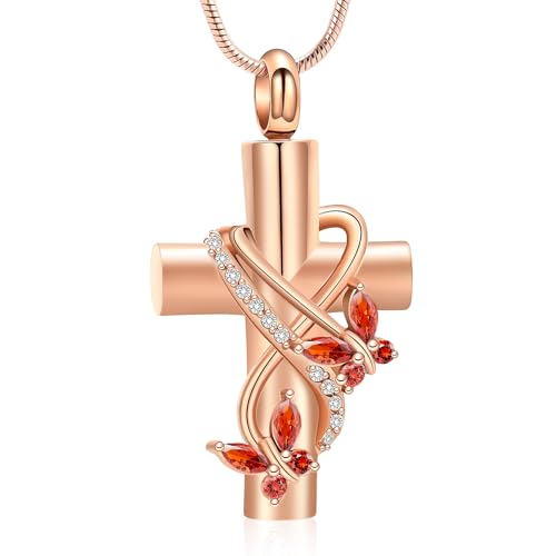 Butterfly Cross Cremation Jewelry Urn Necklaces Stainless Steel Cross Urn Necklaces for Ashes Memorial Keepsake Pendant for Women Gifts With Funnel Kit & Bag - color: Rose+Red