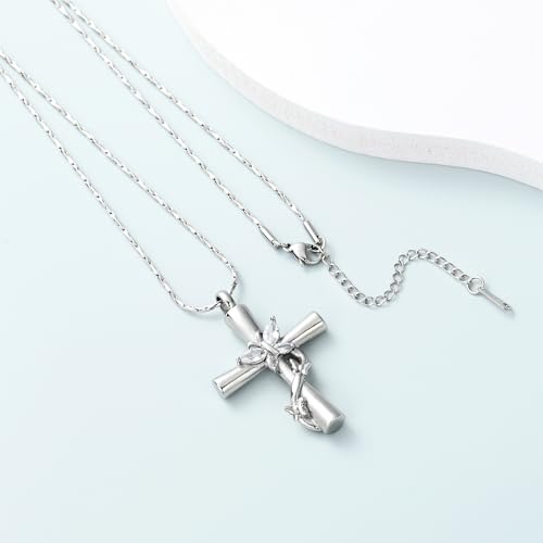 Imrsanl Cross with Butterfly Urn Necklaces for Ashes for Women - color: Silver White
