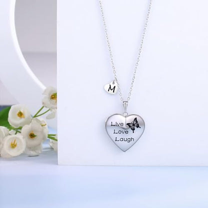 MUERDOU Butterfly Locket Necklace that Holds Pictures Initial Alphabet Letter Heart Shaped Photo Memory Locket Pendant Necklace - style: E