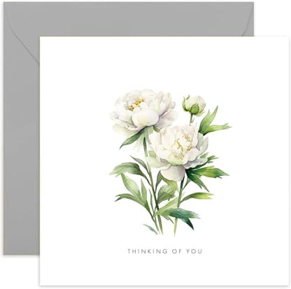 Old English Co. 'Thinking of You' Sympathy Card for Men and Women - Watercolour White Peonies Flower Condolences Greeting Card - Loss, Condolences, Unwell, Divorce | Blank Inside Envelope
