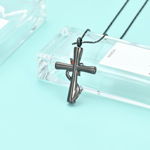 Butterfly Cross Urn Necklace for Ashes Birthstone Cremation Jewelry for Men Women Ashes Pendant Keepsake Memorial Ash Jewelry - color: Black-Red