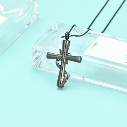Butterfly Cross Urn Necklace for Ashes Birthstone Cremation Jewelry for Men Women Ashes Pendant Keepsake Memorial Ash Jewelry - color: Black-Red