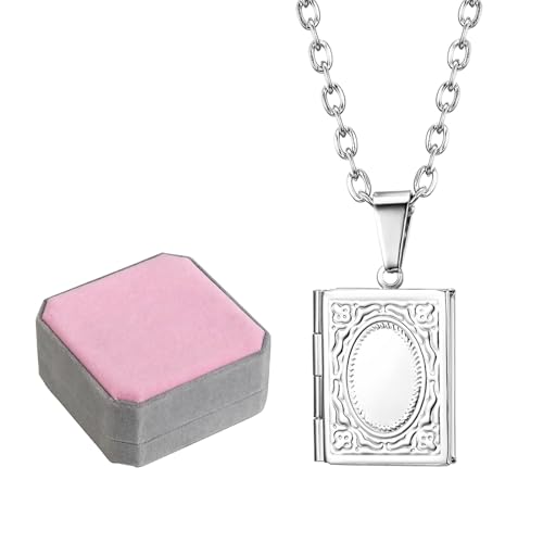 Cupimatch Book Necklace Photo Locket Pendant Necklace Charm Chain Fashion Jewelry 22" for Mother's Day - color: silver with box