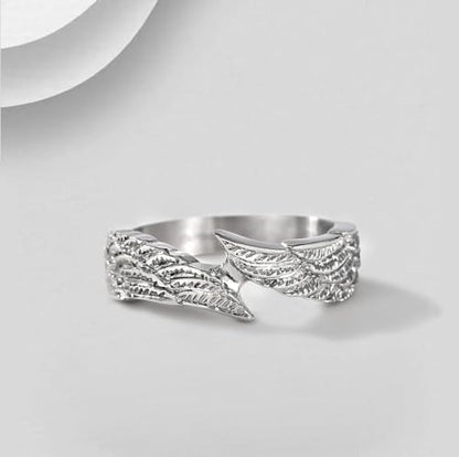 TIGRADE Antique Stainless Steel Ring Feather Angel Wing Cast Black Silver Band Size 4.5-14.5 - color: Silver