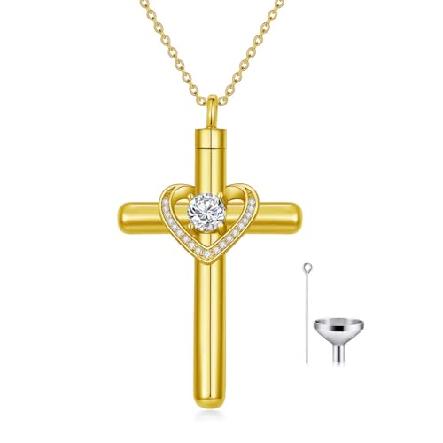 AOBOCO Cross Necklace for Ashes, Sterling Silver Birthstone Cross Urn Necklaces for Ashes Embellished with Crystals from Austria Keepsake Cremation Jewelry for Pet Human Ashes - color: 04-diamond-Apr-18k Gold-Plated