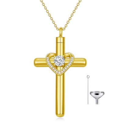 AOBOCO Cross Necklace for Ashes, Sterling Silver Birthstone Cross Urn Necklaces for Ashes Embellished with Crystals from Austria Keepsake Cremation Jewelry for Pet Human Ashes - color: 04-diamond-Apr-18k Gold-Plated