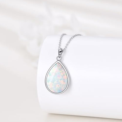 CRMAD Larimar/Opal/Lapis Lazuli/Tourmaline/Malachite/Labradorite/Turquoise/Onyx/Rose Quartz/Amber/Peridot Necklace for Women 925 Sterling Silver Teardrop Pendant Jewelry Gifts - color: Opal