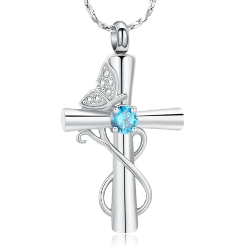 Imrsanl Butterfly Cremation Jewelry Cross Urn Necklace for Ashes | Ashes Holder Keepsake, Human Pet Funeral Memorial Pendant, For Women, In Memory of a Beloved - color: Silver-Light Blue