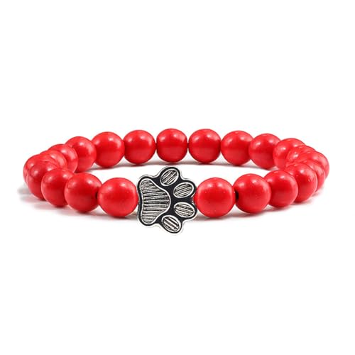 POYAMUSE Lovely Pet Paw Turquoise Beaded Strand Bracelet for Women Men Pet Memorial Jewelry, Cute Dog Cat Paw, Colorful Turquoise Beads - color: Red