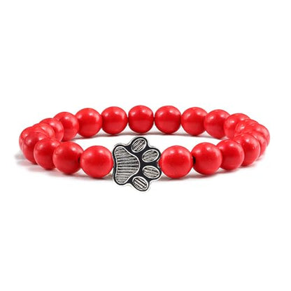 POYAMUSE Lovely Pet Paw Turquoise Beaded Strand Bracelet for Women Men Pet Memorial Jewelry, Cute Dog Cat Paw, Colorful Turquoise Beads - color: Red