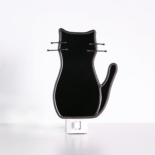 BOXCASA Black Cat Night Light Stained Glass Cat Night Light Warm Yellow | Plug in Night Light with Bulb Suitable for Bedroom Livingroom Hallway Kitchen Stairs Kids Room Cat Lover Gifts Home Decor - color: Black