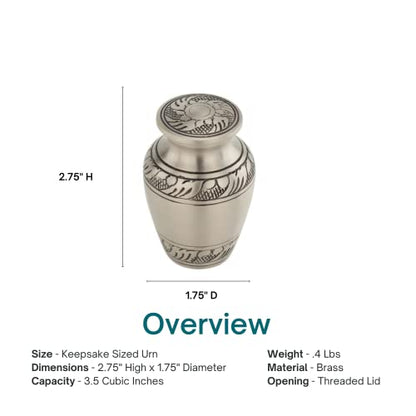 Feather Band Keepsake Cremation Urn for Ashes in Pewter, Brass, Gray Silver Urn, Keepsake Sized Cremation Urn, 2.75 Inches High - color: Feather Band