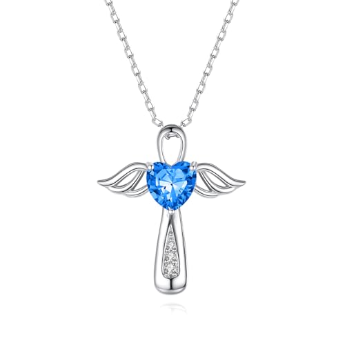 YLT S925 Sterling Silver Cross Angel Wings Necklace for Ashes | Cremation Urn Pendant Birthstone Jewelry Memorial Keepsake Memory Ashes Jewelry Gifts - color: Sapphire