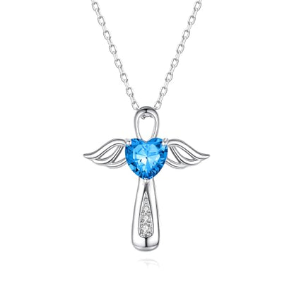 YLT S925 Sterling Silver Cross Angel Wings Necklace for Ashes | Cremation Urn Pendant Birthstone Jewelry Memorial Keepsake Memory Ashes Jewelry Gifts - color: Aquamarine