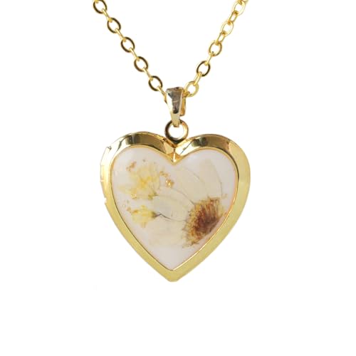 Heart Locket Necklace That Holds Pictures Pressed Flower Photo Locket Pendant Necklace for Girl Women Gift for Her - style: White Daisy