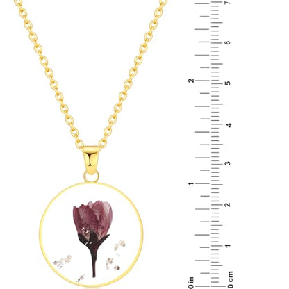 AUNTESIGN Forget-Me-Not and Queen Anne's Lace Pressed Wildflower Necklace | Birth Month Flowers Necklace | Gold/Silver Pressed Flower Jewelry | Mother's Day | Gift For Her - color: Poppy Necklace(August Birth Flower)