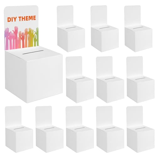 PHAREGE 12 Pack 6x6x6 in Suggestion Boxes for Raffle Ticket, Voting Ballot | Removable Display Sign, Self-locking, 3.7 in Slot, DIY White Cardboard, Classroom Ballot, Cash Donation, Baby Shower Raffle
