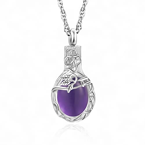 Gredstar Tree of Life Urn Necklace for Ashes, Birthstone Memorial Pendant | Teardrop Design, Love Symbol Detail, 12 Birthstone Colors, Stainless Steel, Ashes Holder, Funnel Kit Included - color: February