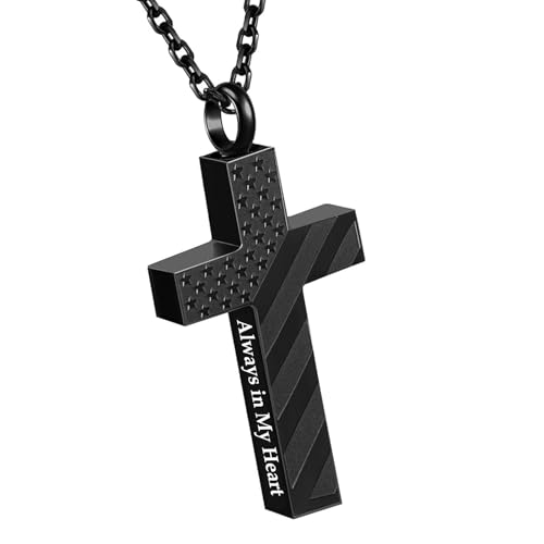 Cremation Jewelry American Flag Cross Urn Necklaces for Men Women Human Ashes Religious Cross Keepsake Memorial Pendant - color: Black-Always in My Heart