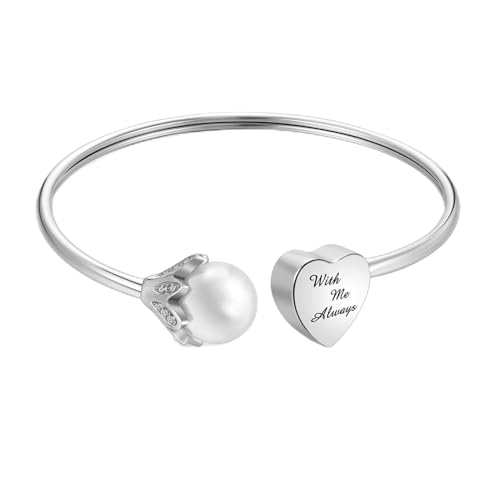 XIUDA Urn Bracelet for Human Ashes Butterfly Heart Ash Bracelet for Women Stainless Steel Openable Cuff Bangle Cremation Bracelet - Always in My Heart - color: Silver Pearl-With Me Always
