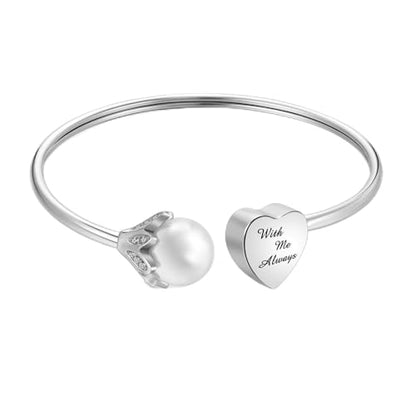 XIUDA Urn Bracelet for Human Ashes Butterfly Heart Ash Bracelet for Women Stainless Steel Openable Cuff Bangle Cremation Bracelet - Always in My Heart - color: Silver Pearl-With Me Always