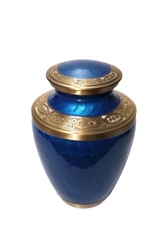 Large Brass Cremation Urn for Human Ashes | Blue Handcrafted Funeral Memorial Urn for Adults | Decorative Urns for Men & Women | Secure Screw Lid with Velvet Pouch - color: Blue