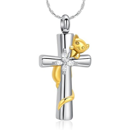 Cross Urn Necklaces for Men Women Cat Butterfly Cremation Jewelry for Ashes Stainless Steel Pet Memorial Ashes Pendant Keepsakes Jewelry - color: Gold
