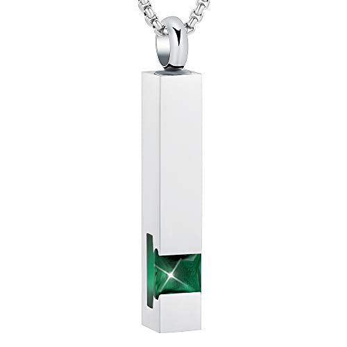 Oinsi Urn Necklaces for Ashes Crystal Cremation Urn Jewelry Birthstone Cube Urns for Human Ashes Memorial Ashes Necklace Pendant Keepsake CZ Bar Urn Locket for Men Women - color: Sliver (Green Stone)
