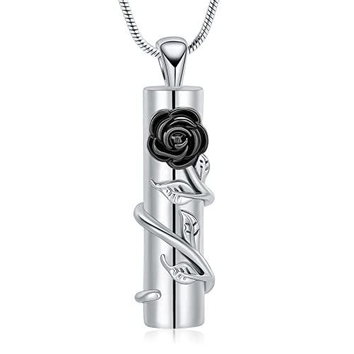 Rose Flower Urn Necklace Cylinder Bar Urn Necklace for Ashes Pendant Necklace Keepsake for Ashes Memory Keepsake Cremation Jewelry for Women Memorial - color: Silver-black