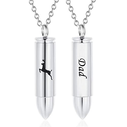 SIYUU Bullet Cremation Jewelry for Ashes Vial Deer Engraved Urn Necklace Stainless Steel Ash Container Keepsake Pendant Memorial Jewelry for Men Women - color: Silver-Dad