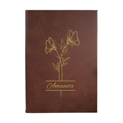Daphne’s Curations Engraved Birth Flower Journal – Personalized Vegan Leather Notebook with Name – 112 Page Minimal Gift - color: Birth Flower Engraved