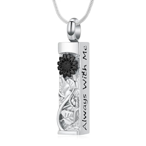 Flower Celtic Cremation Jewelry for Women Men Cylinder Bar Sunflower Urn Necklace for Ashes Pendant Necklace Vial Memorial Keepsake Jewelry for Ashes Necklace of Loved Ones - color: Silver&Black