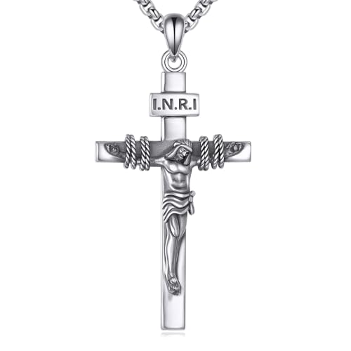925 Sterling Silver Cross Necklace for Men & Women Crucifix Jesus/Cross Pendant with 22"+2" Stainless Steel Chain Jewelry Gift for Christmas, Father's Day, Mother's Day, Birthday-Gift Box Included - style: B06 Crucifix