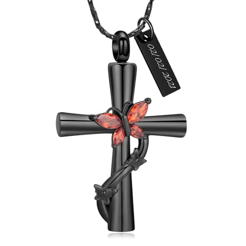 Butterfly Cross Urn Necklace for Ashes Birthstone Cremation Jewelry for Men Women Ashes Pendant Keepsake Memorial Ash Jewelry - color: Customize