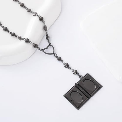 Personalized Heart Locket Necklace for Women Stainless Steel- Heart Necklace - color: Black-H