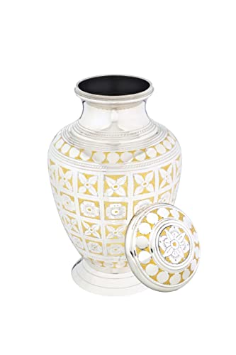 BOLD & DIVINE Cremation Urn for Human Ashes Adult Brass Funeral Urn |Metal Hand Engraving Large Urn | for Adults Display Burial at Home or in Niche at Columbarium (Silvery Shine/Golden Flower) - color: Silvery Shine / Golden Flower
